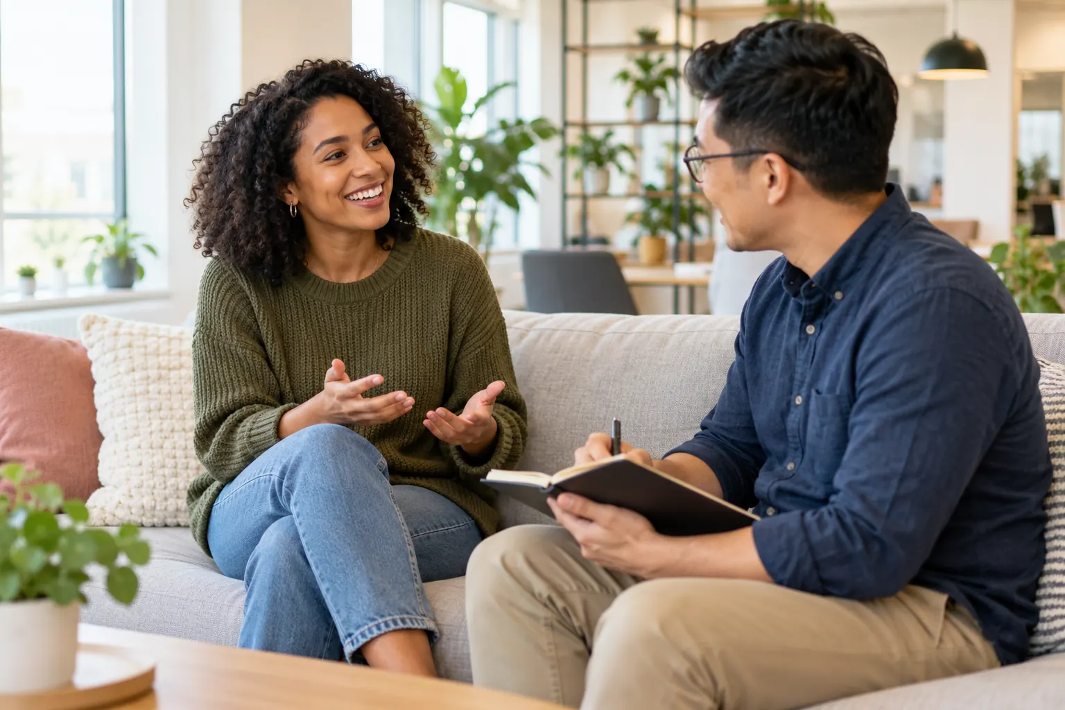 A smiling employee answers questions on an office couch while a coworker takes notes in a notebook.