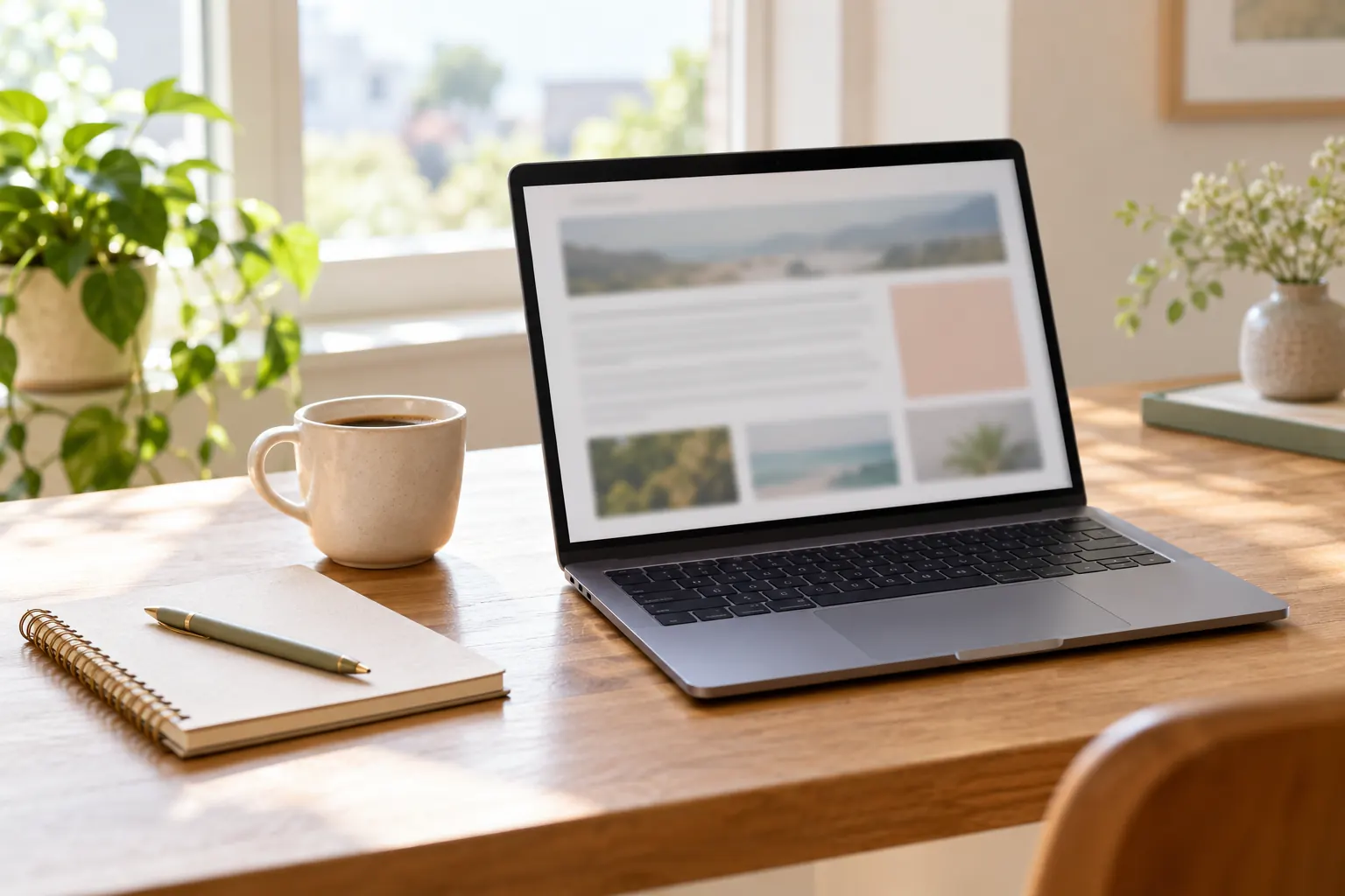 A laptop showing a blurred newsletter layout sits on a sunny desk beside a coffee cup and a notebook.