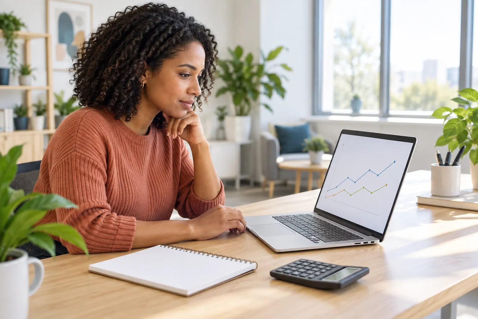 A woman at a sunny desk studies a line chart on her laptop, with a notebook and calculator nearby.