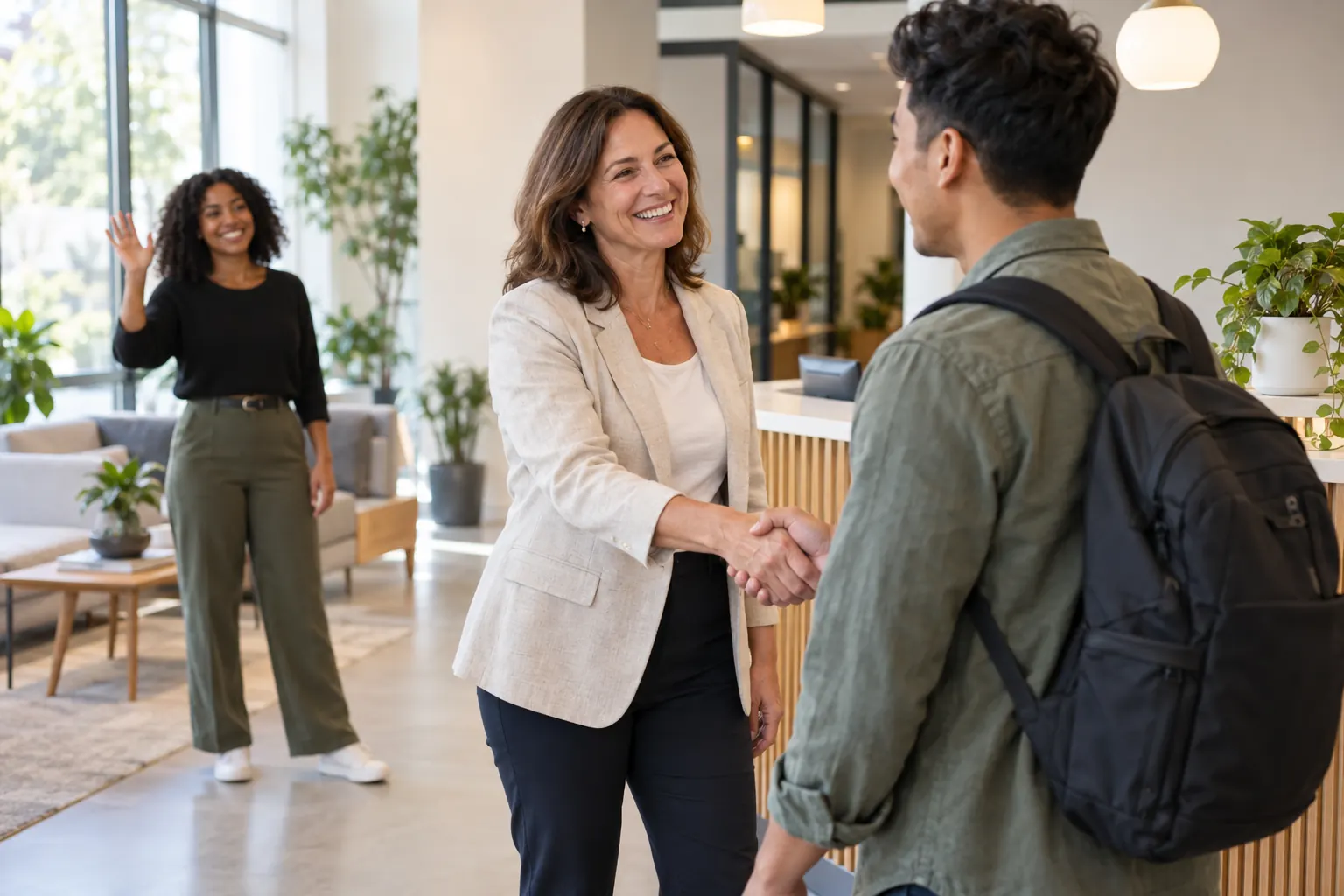 A smiling manager shakes hands with a new hire carrying a backpack while a coworker waves hello.