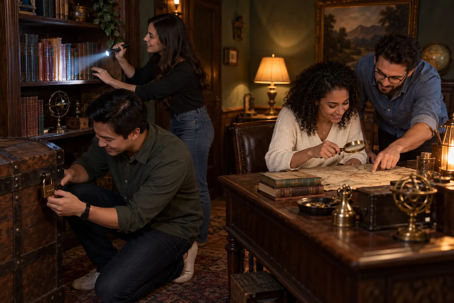 Four coworkers in an escape room try a padlock, search a bookshelf and study an old map.