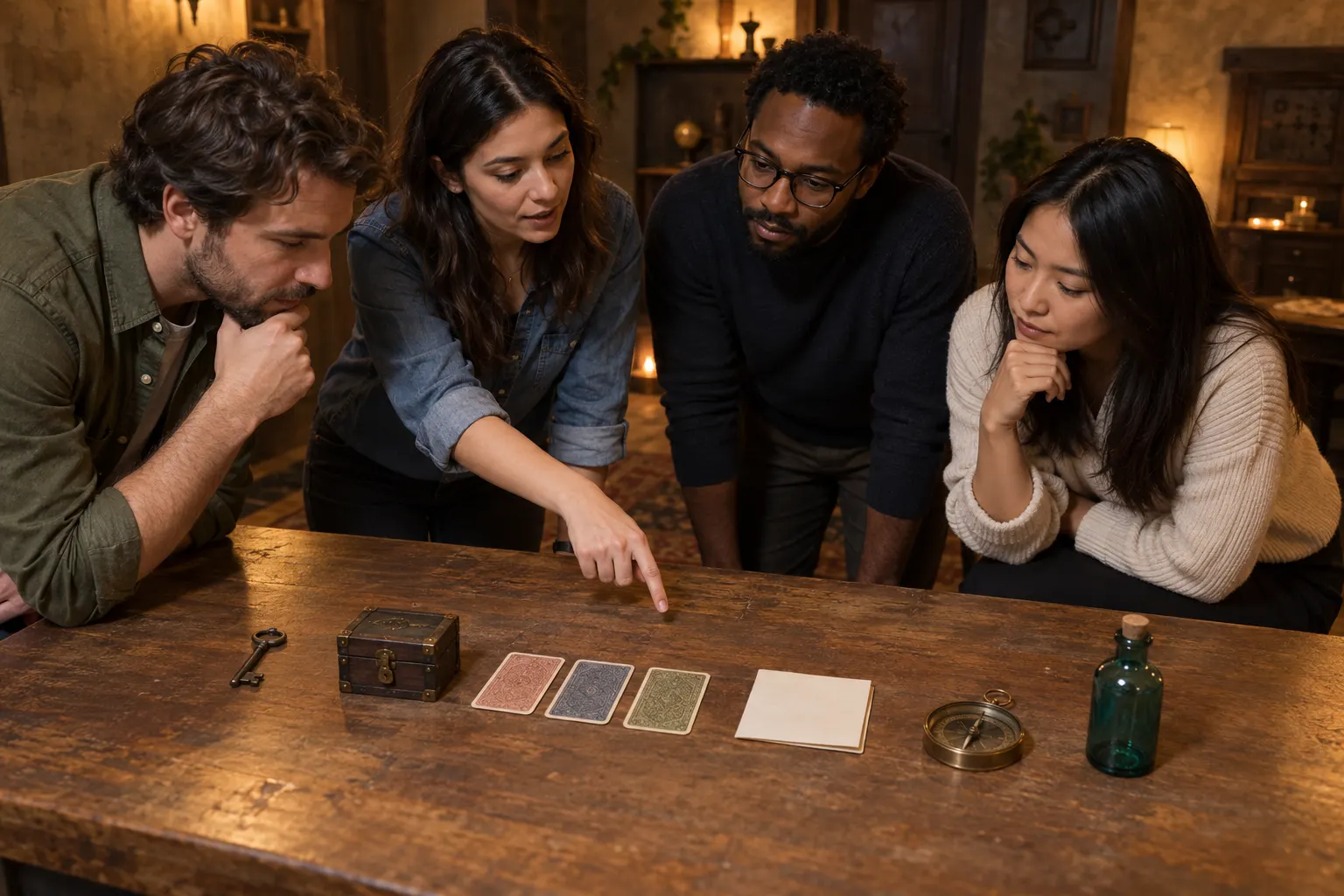 A work team leans over a table lined with a key, cards, a compass and a small box.