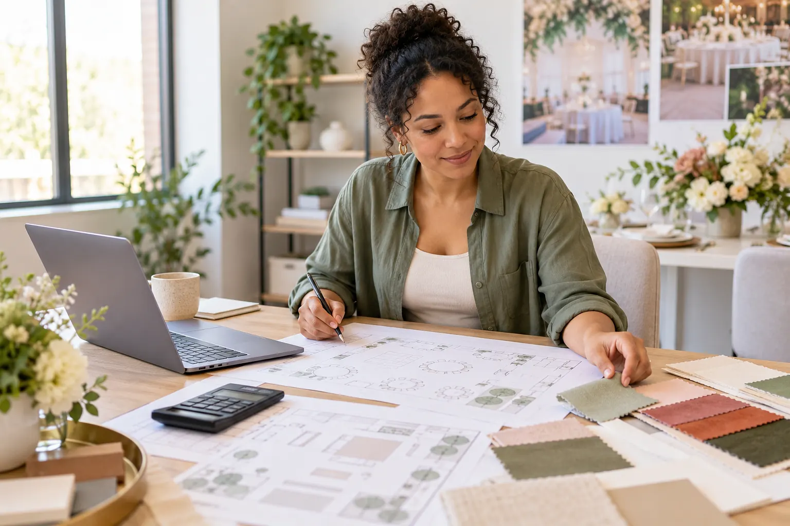 An event planner at a desk with a laptop, a calculator, printed floor plans and fabric swatches.