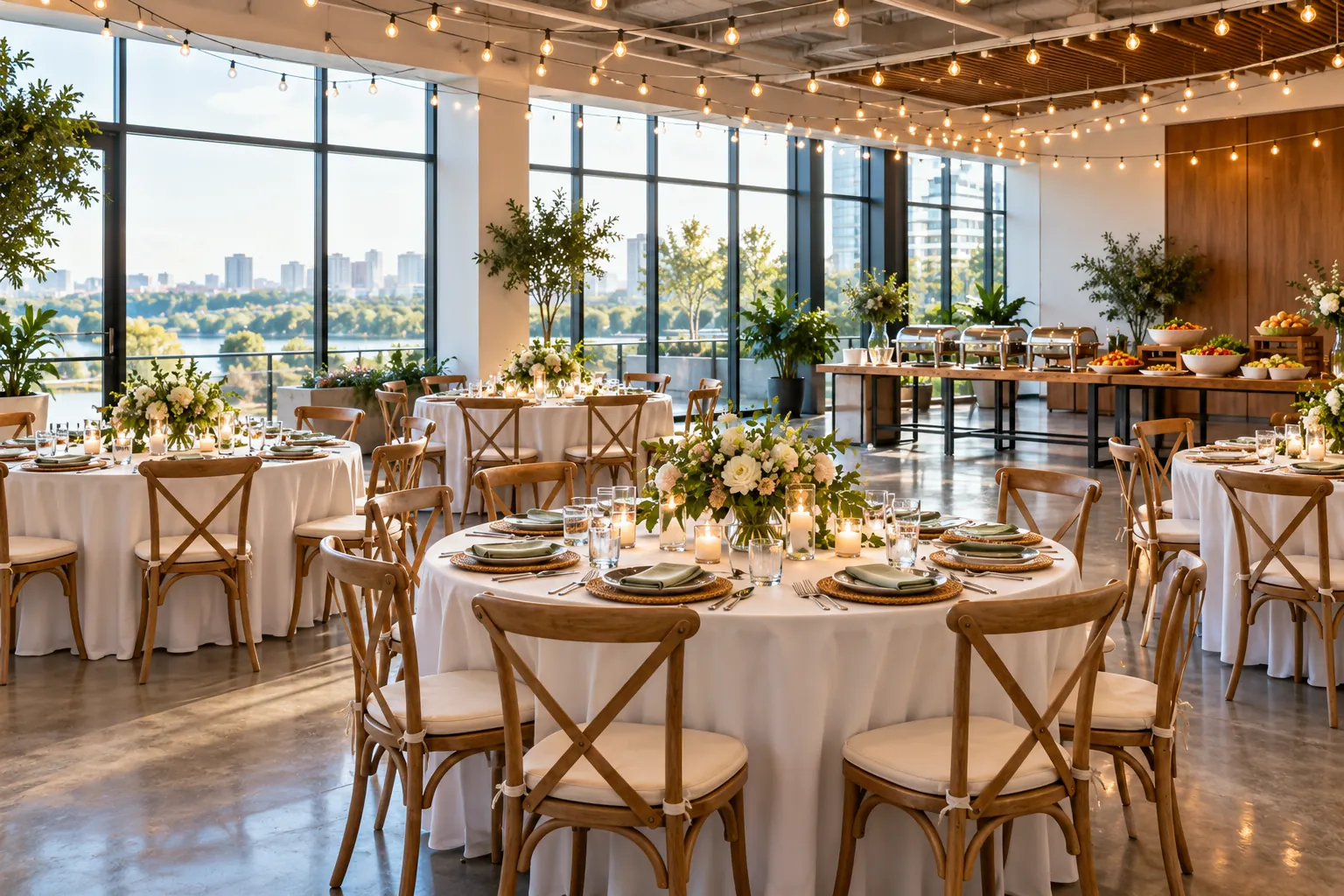 A decorated event space with round tables, string lights and a buffet set up before guests arrive.