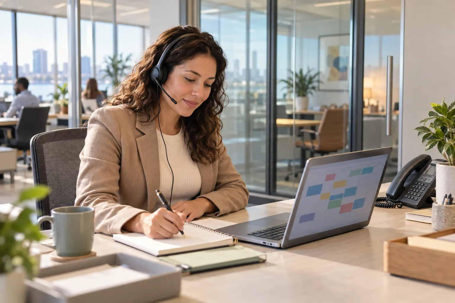 An executive assistant on a headset call writes in a notebook beside a laptop showing a weekly calendar, outside a glass-walled office