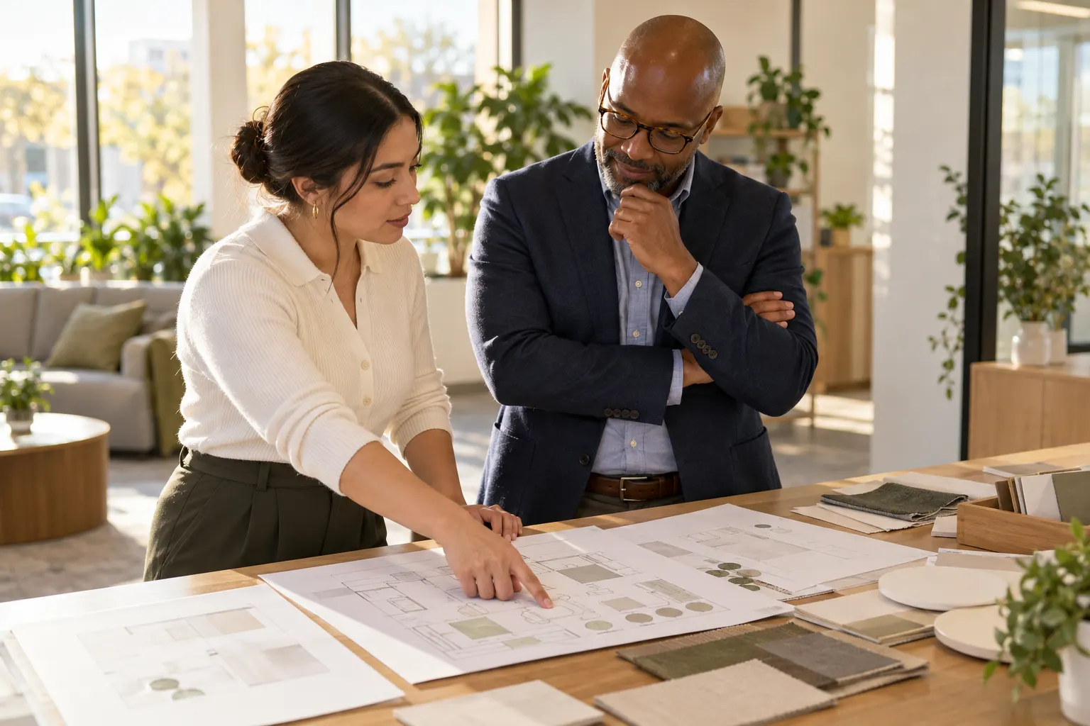 An executive assistant points at a printed event floor plan beside fabric samples while a senior executive studies it, hand on his chin
