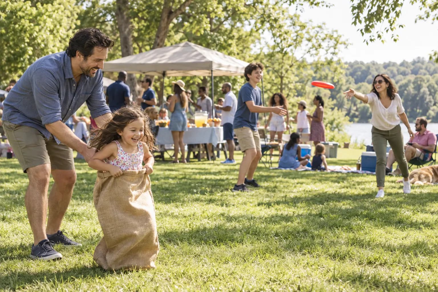 A dad cheers on his young daughter in a sack race while a mom and her teenage son toss a flying disc at a company family day in a park