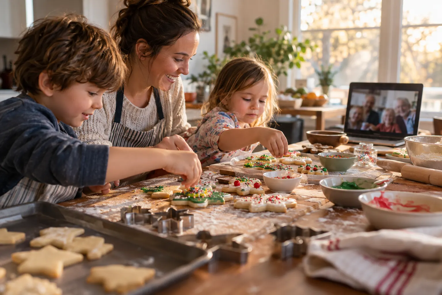 A mother and two children decorate sugar cookies at their kitchen table while a video call plays on a laptop