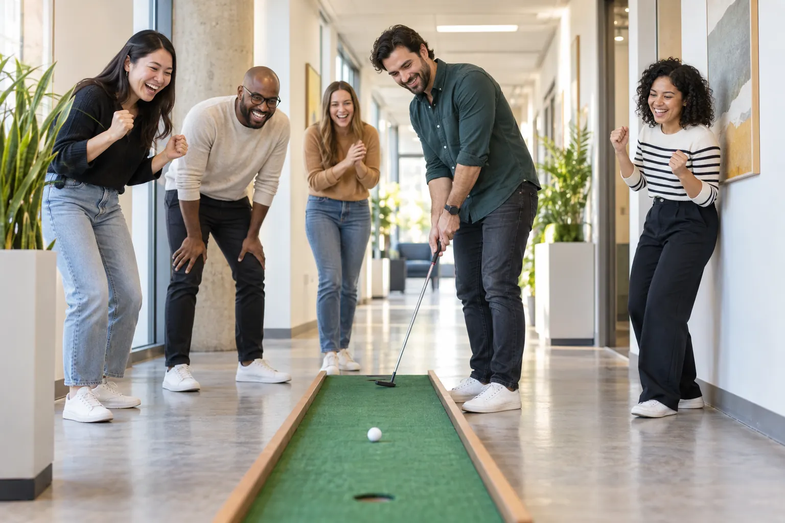 Coworkers cheer as a colleague putts a golf ball along an indoor putting green in an office hallway.