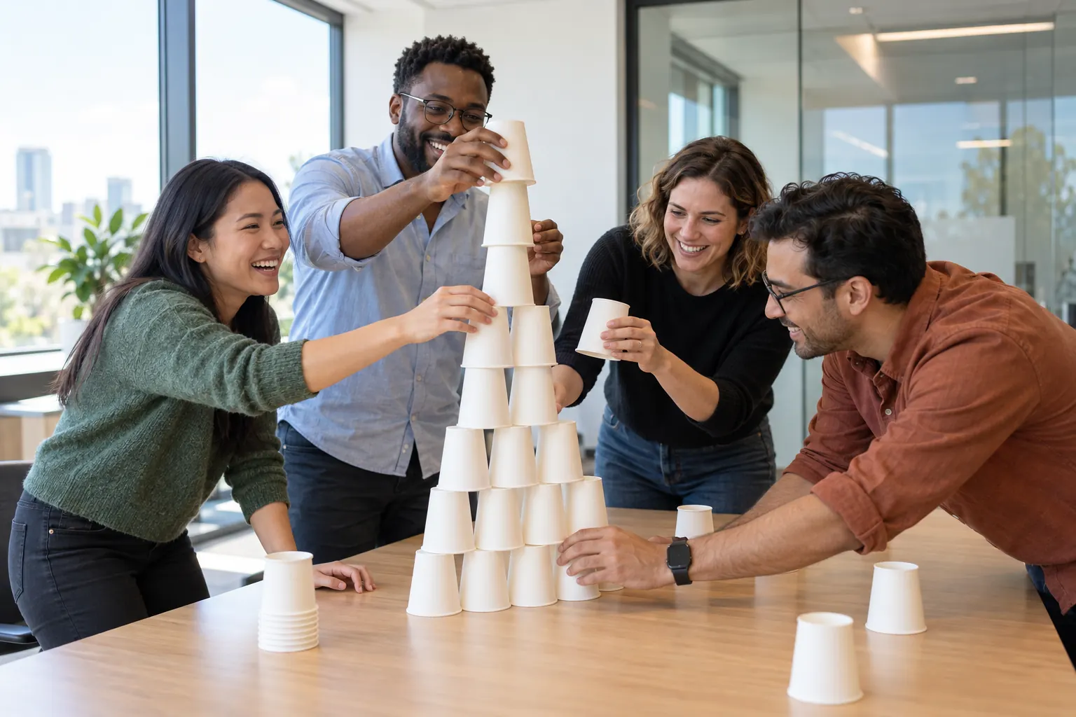 Four coworkers laugh while stacking paper cups into a tall tower on a conference table.