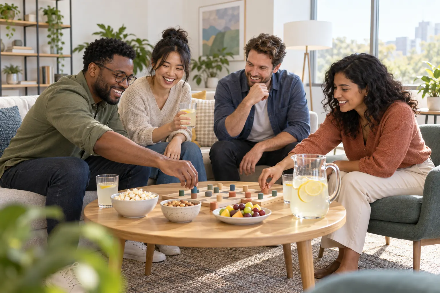 Four coworkers laugh over a wooden board game with lemonade, popcorn and fruit in a sunny office lounge.