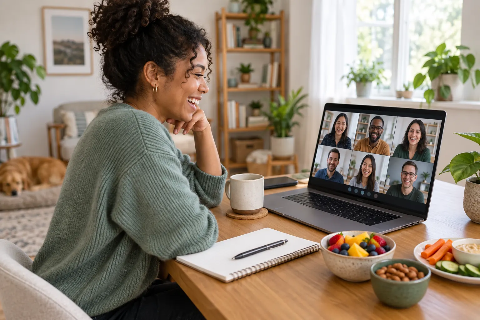 A smiling remote worker on a video call with six laughing colleagues, with fruit and snacks on her desk.