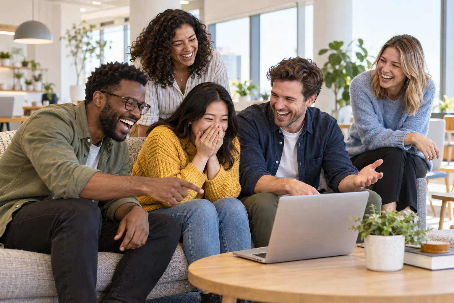 Five coworkers on an office sofa burst out laughing at a laptop, one covering her mouth in surprise.