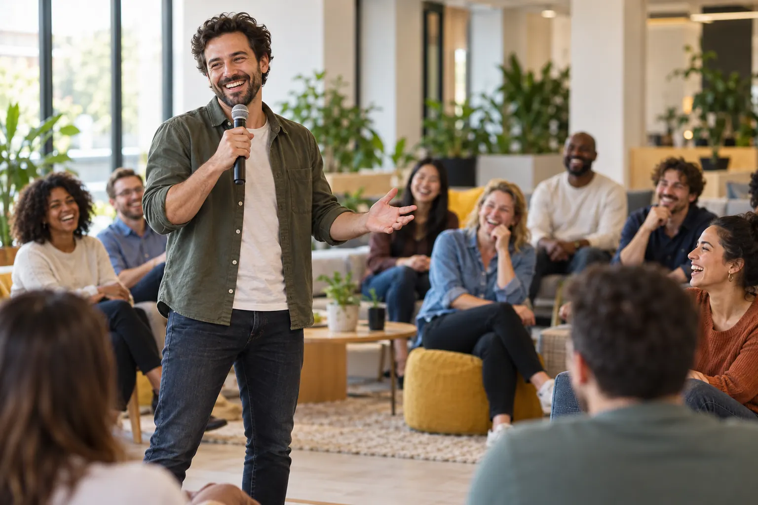 A smiling host with a handheld microphone talks to a laughing group of coworkers in an office lounge.
