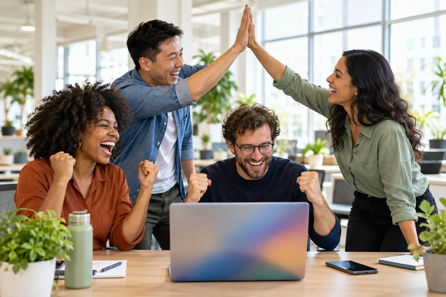 Four coworkers cheer and high-five around a laptop at a shared desk in a bright open office.