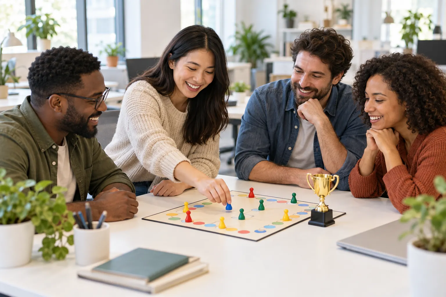 Coworkers smile as one moves a token on a simple game board next to a small gold trophy.