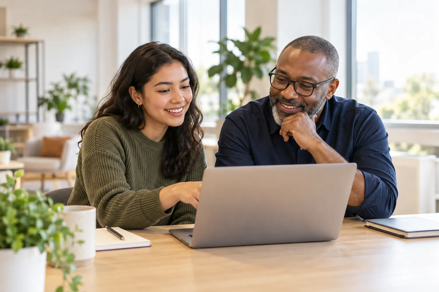 A young professional and an older colleague work together at a laptop, both smiling and engaged.