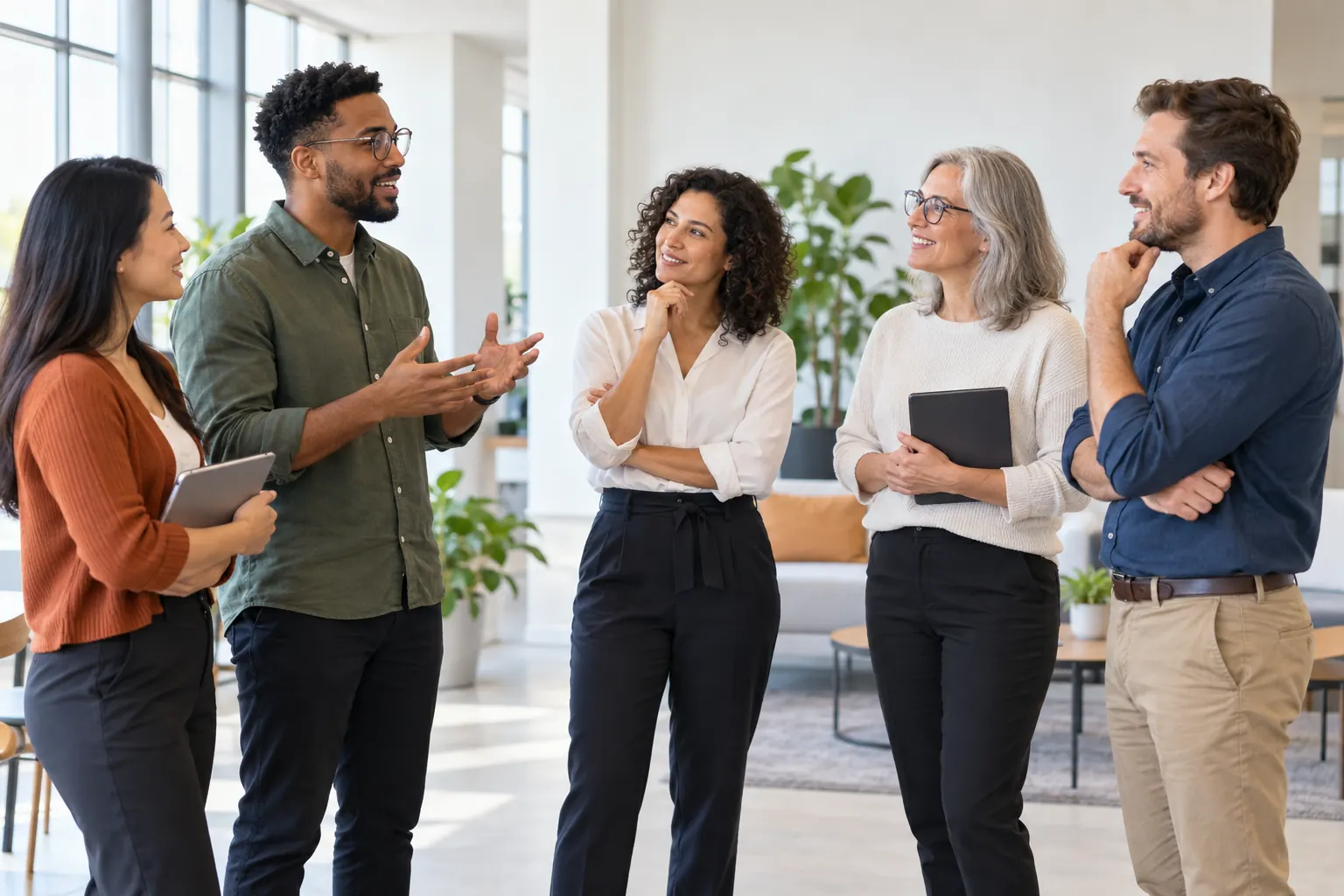 A team of mixed ages listens closely during a casual standing meeting in a modern office.