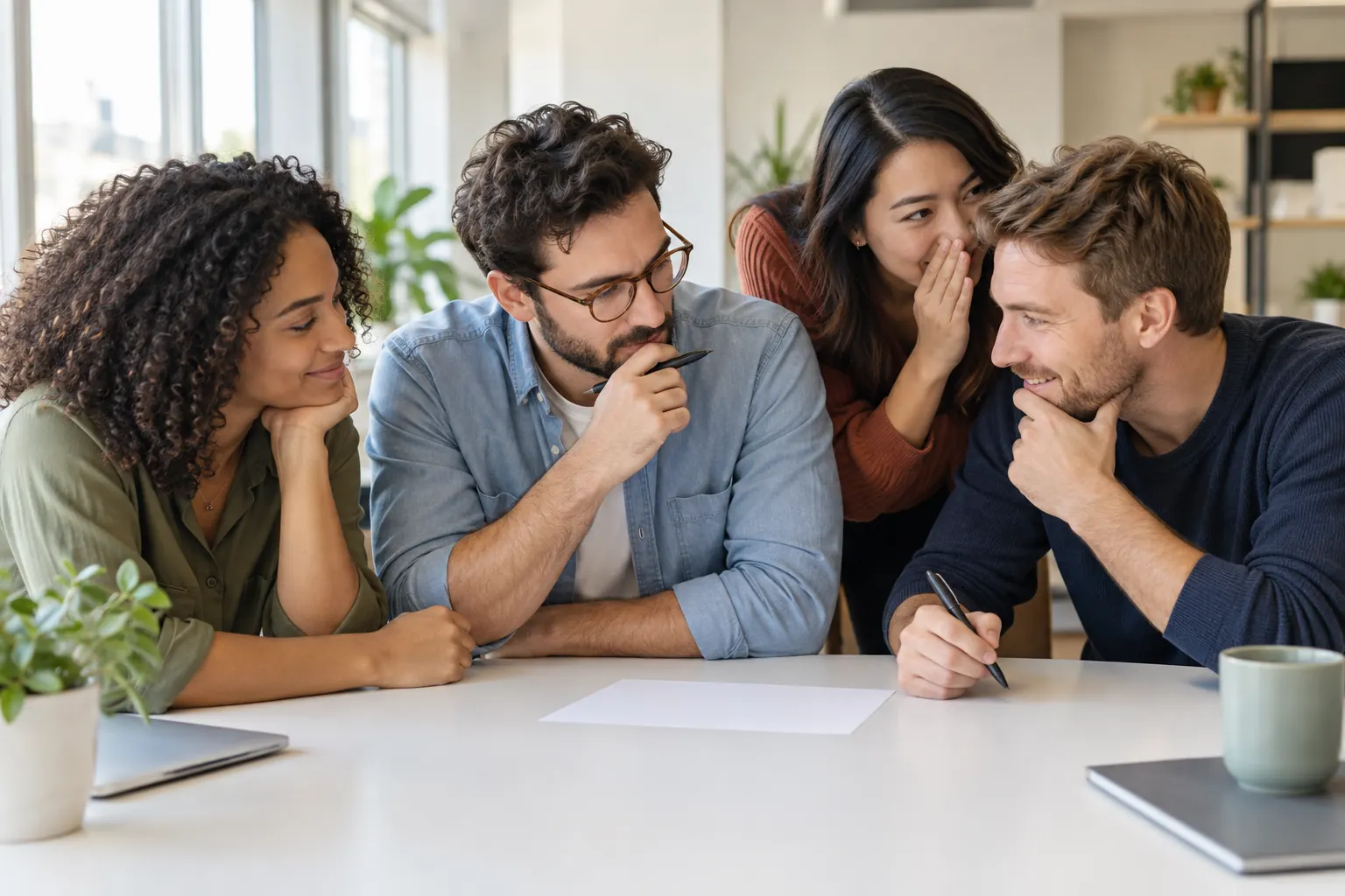 Four coworkers lean over a meeting table and a blank sheet, one whispering an answer to a teammate.