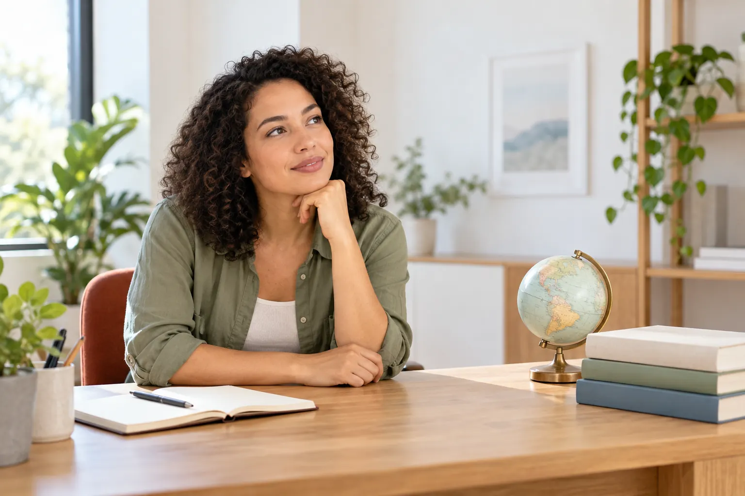 A woman rests her chin on her hand at a desk with a small globe, books and a notebook.