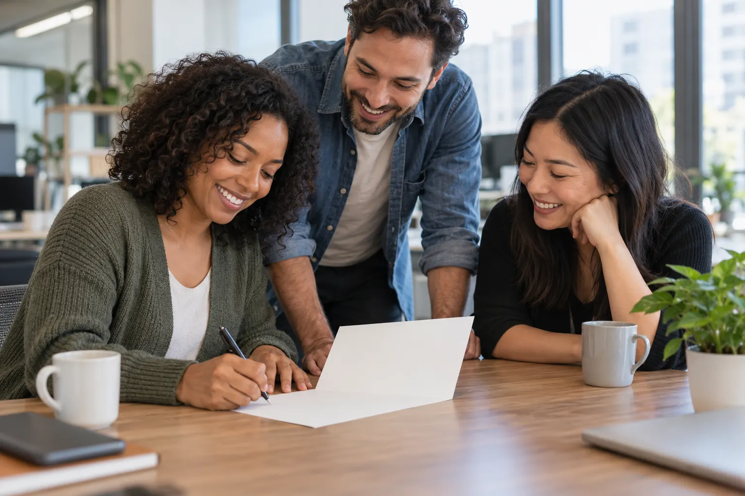 Three coworkers gather at an office desk to sign a blank greeting card together in soft window light.