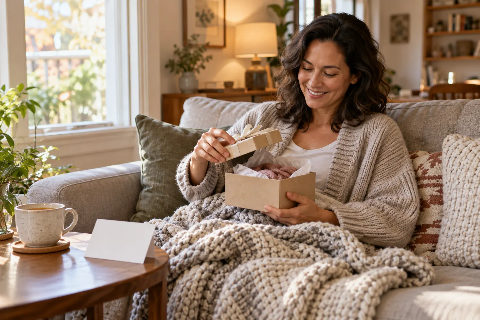 A woman resting on a sofa under a blanket smiles as she opens a small gift box beside a card.