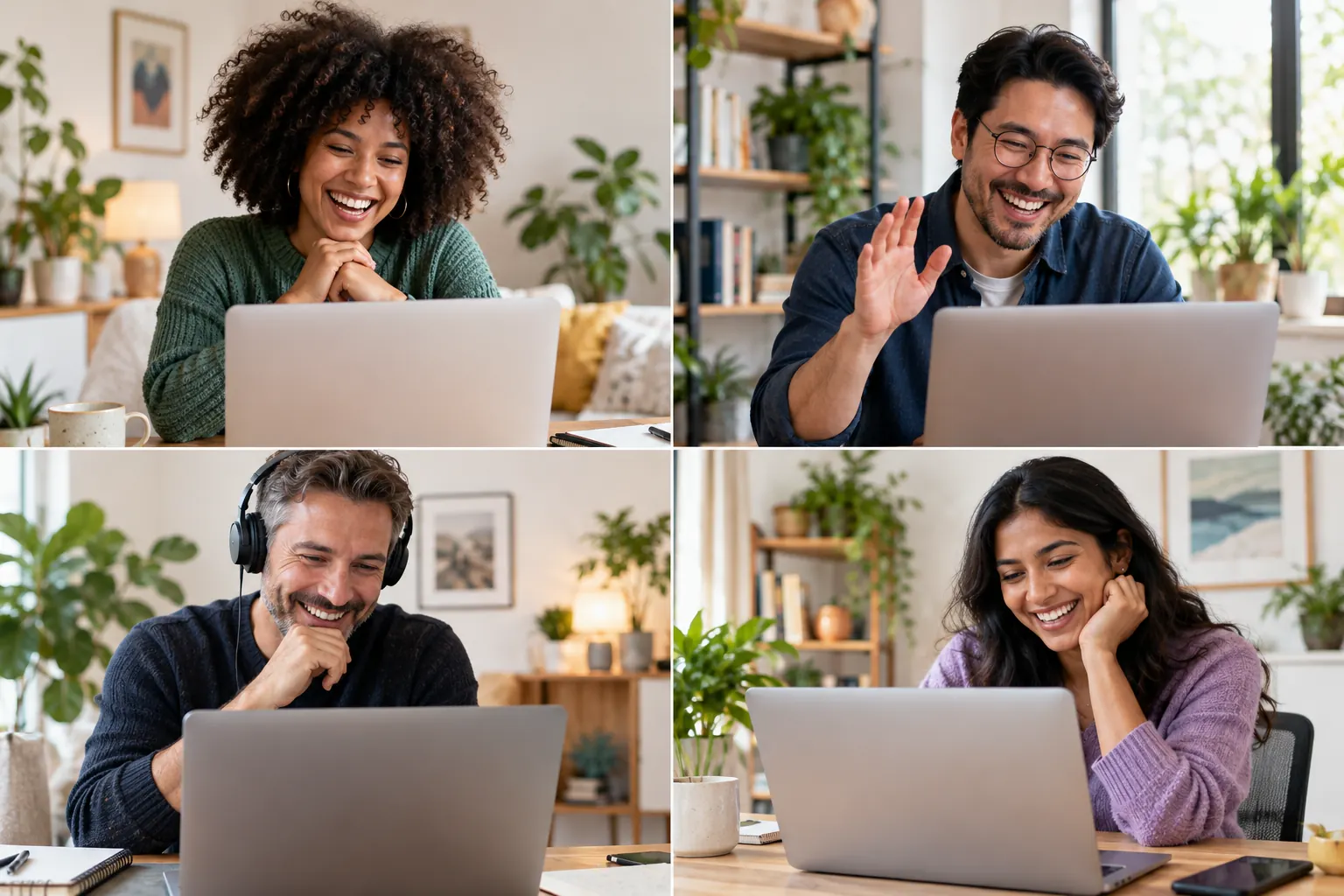 Four remote coworkers in a video call grid, each laughing at their laptop in a cozy home office.