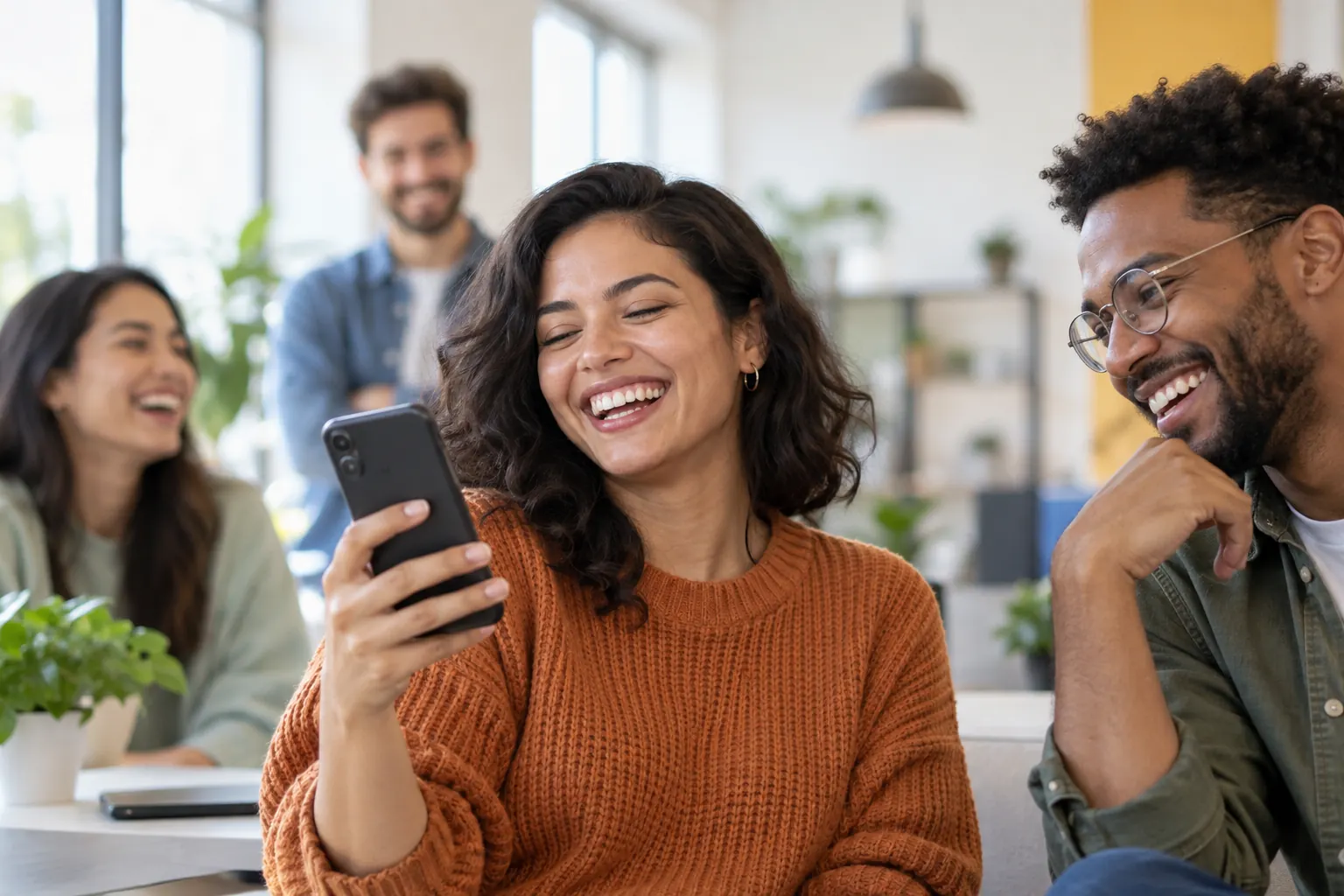 A woman laughing at her phone in a bright office while two coworkers beside her laugh along.