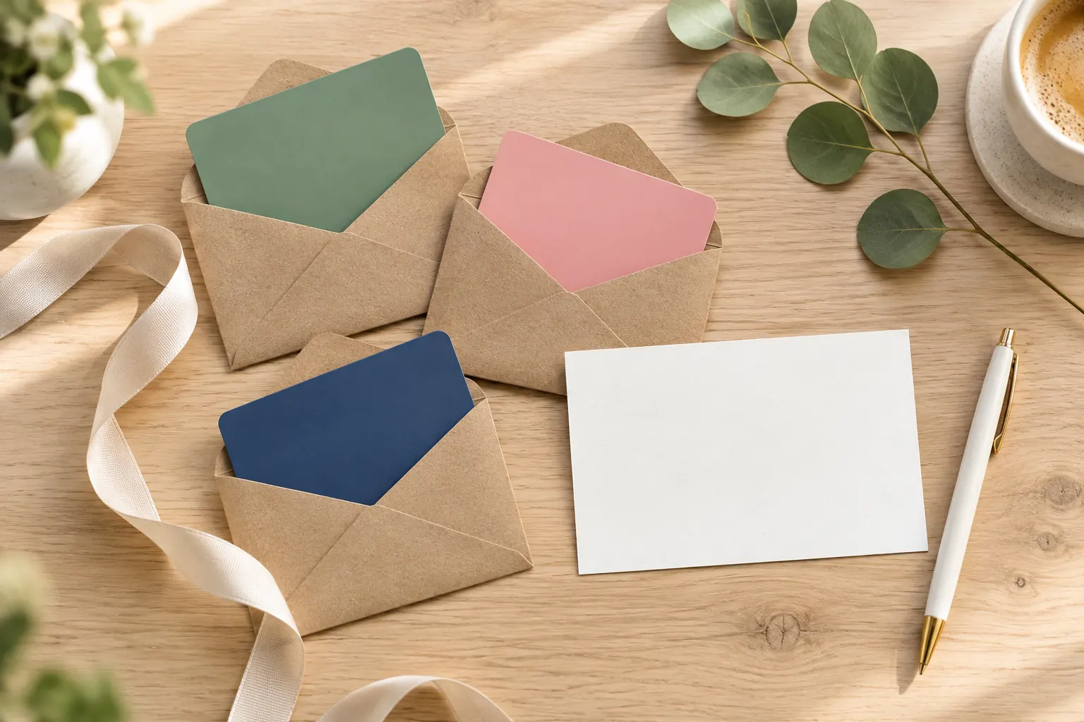 Three plain gift cards in kraft envelopes on a wooden desk beside a blank note card and pen.