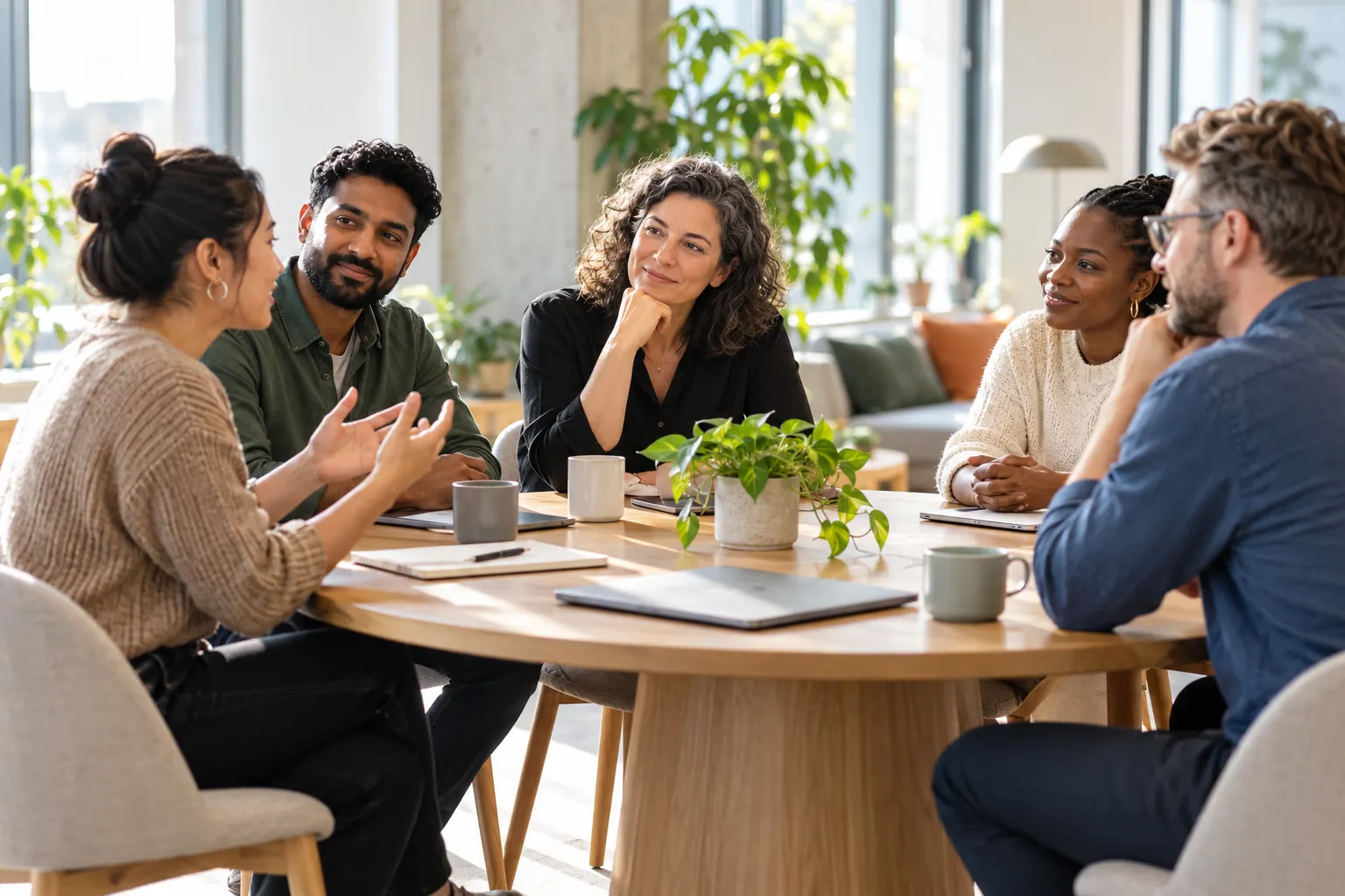 A calm leader sits with their team at a round table, listening closely while a junior colleague speaks.