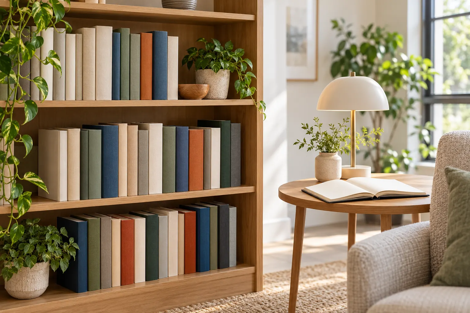 An office bookshelf of plain hardcover books beside a reading lamp and a book left open on a side table.