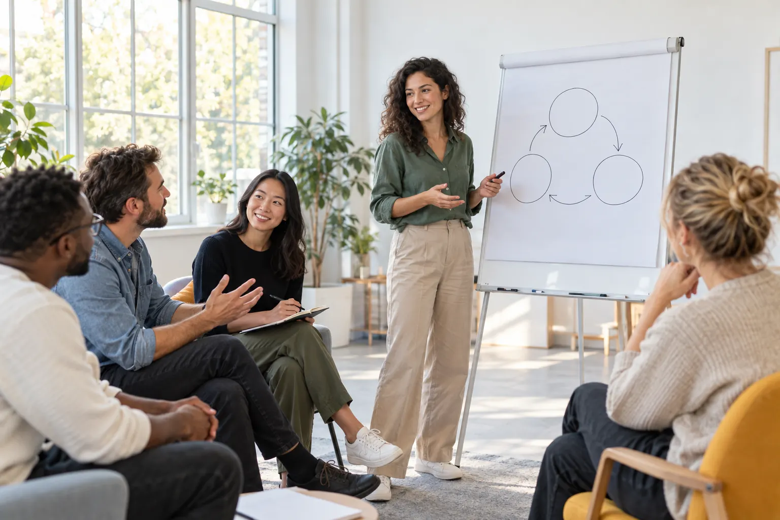 A facilitator stands by a flip chart with circles and arrows while a seated group talks it over.