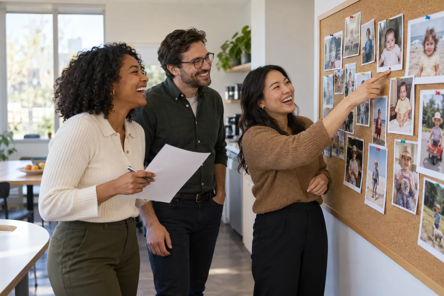 Three coworkers laugh at a corkboard of childhood photos while one holds a guess sheet and pen.
