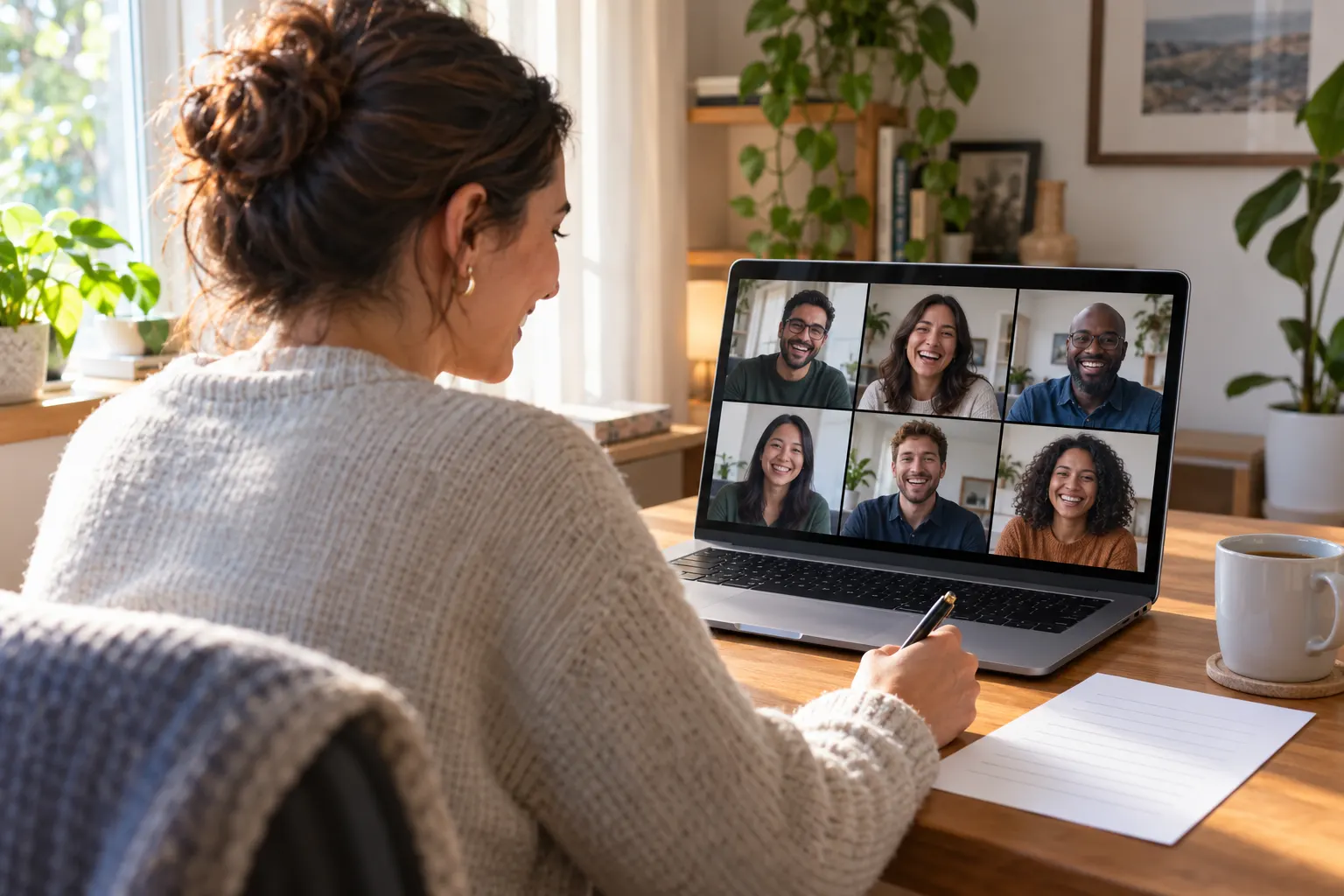 A woman at home fills in a paper sheet beside her laptop while coworkers laugh on a video call.