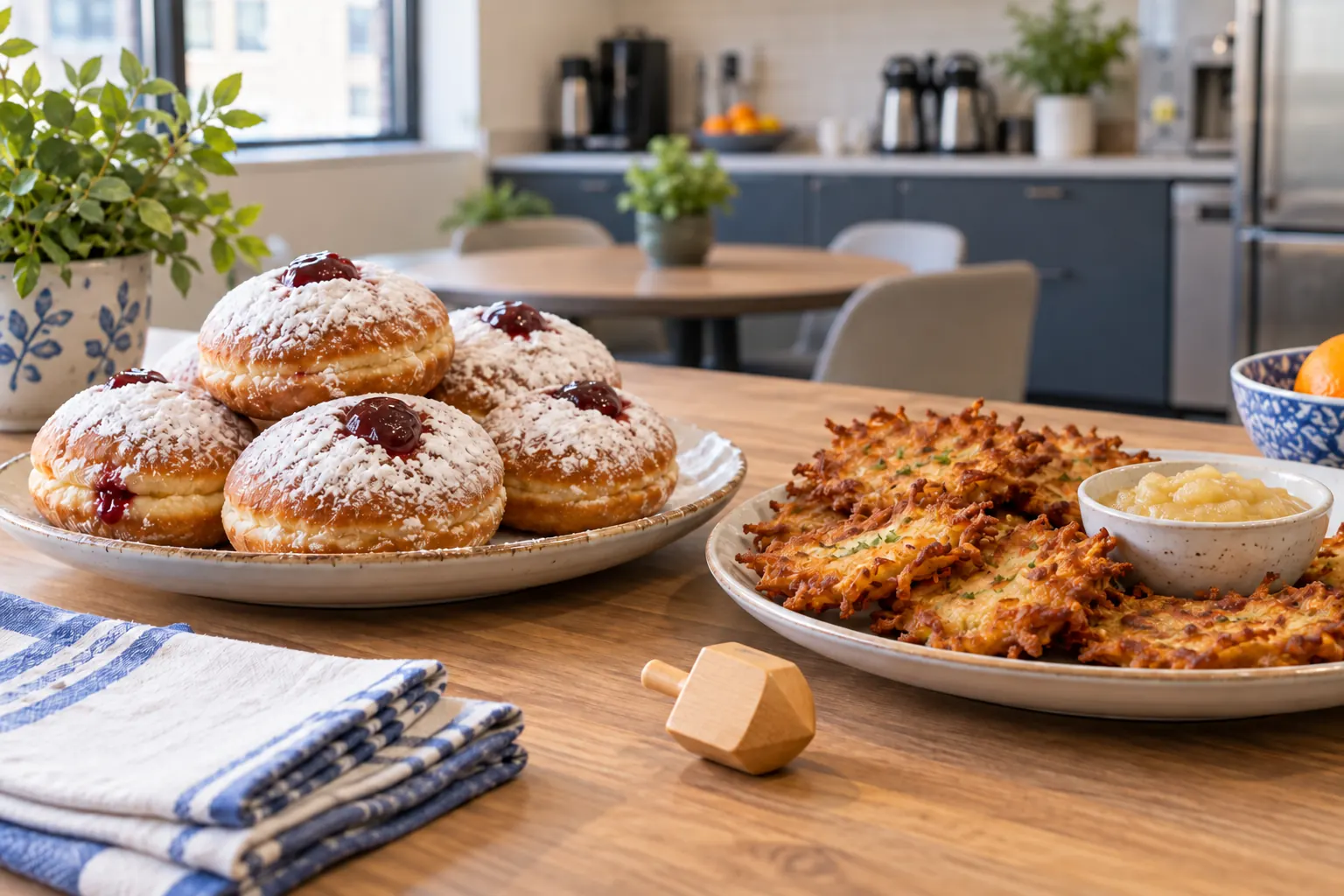 Jelly doughnuts dusted with sugar, potato latkes with applesauce and a wooden dreidel on an office kitchen table.