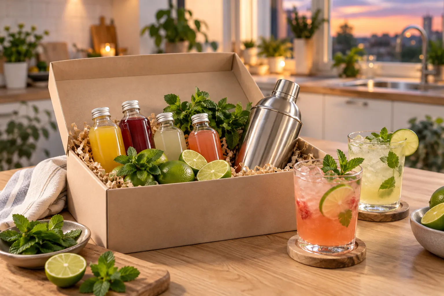 An open kit box of juices, syrups, limes, mint and a shaker beside two mocktails on a kitchen table.