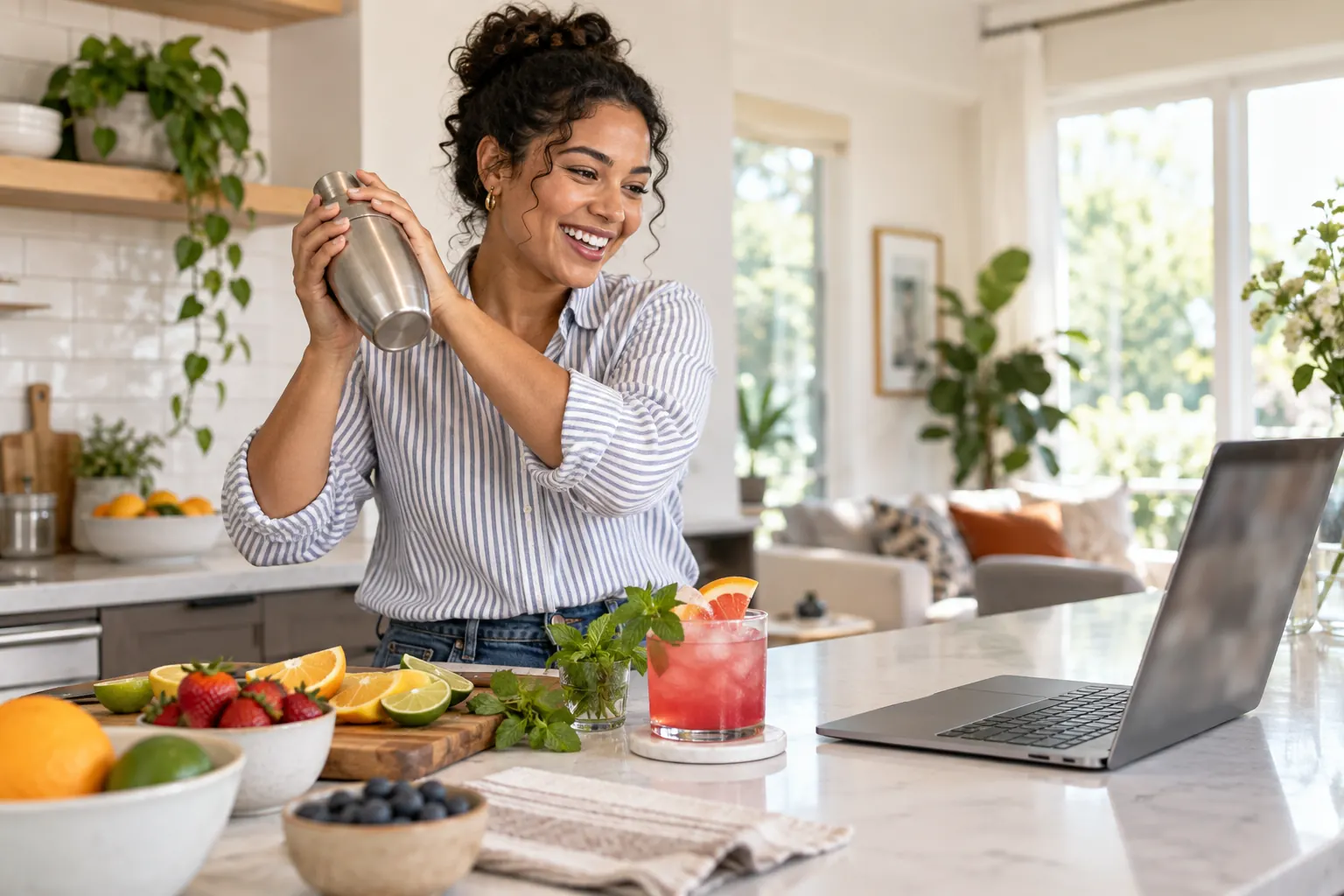 A smiling woman shakes a cocktail shaker at her kitchen counter beside a laptop, fruit and a pink drink.