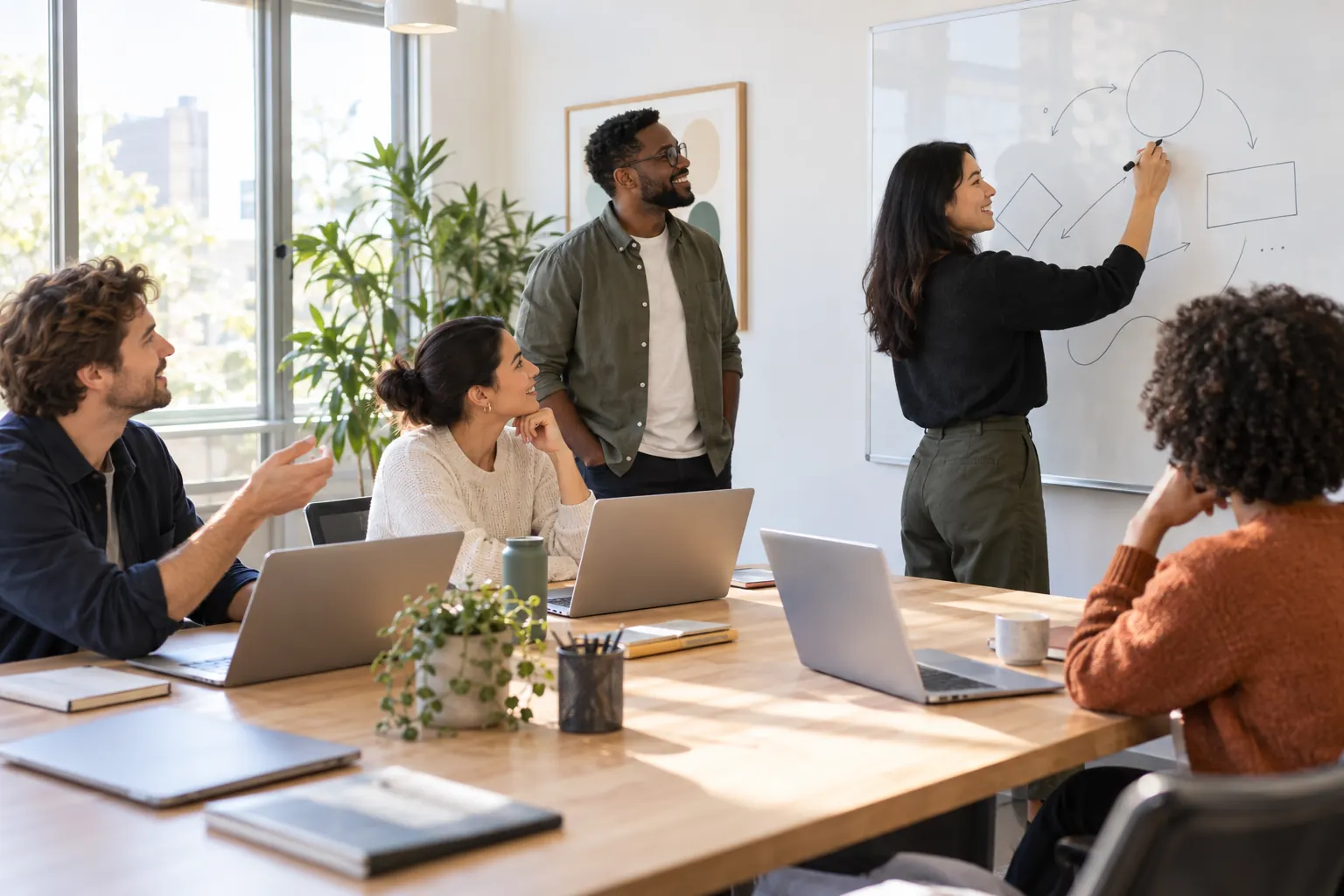 A woman sketches a diagram on a whiteboard while four colleagues with laptops watch and add ideas.