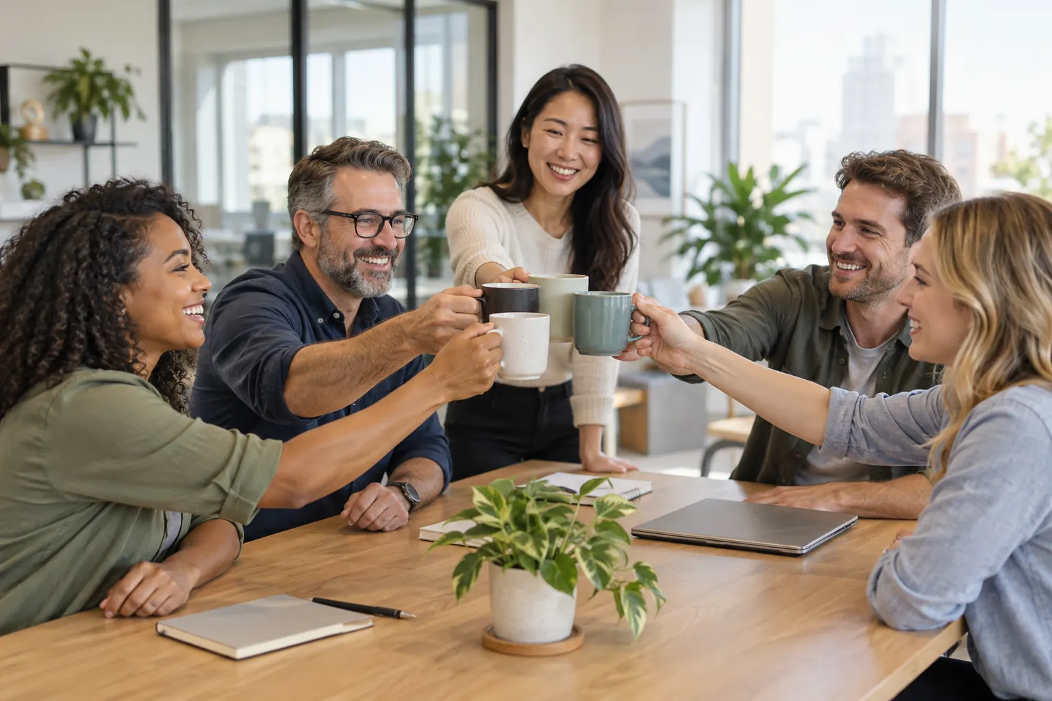 Five coworkers around a wooden table raise coffee mugs together in a small celebration.