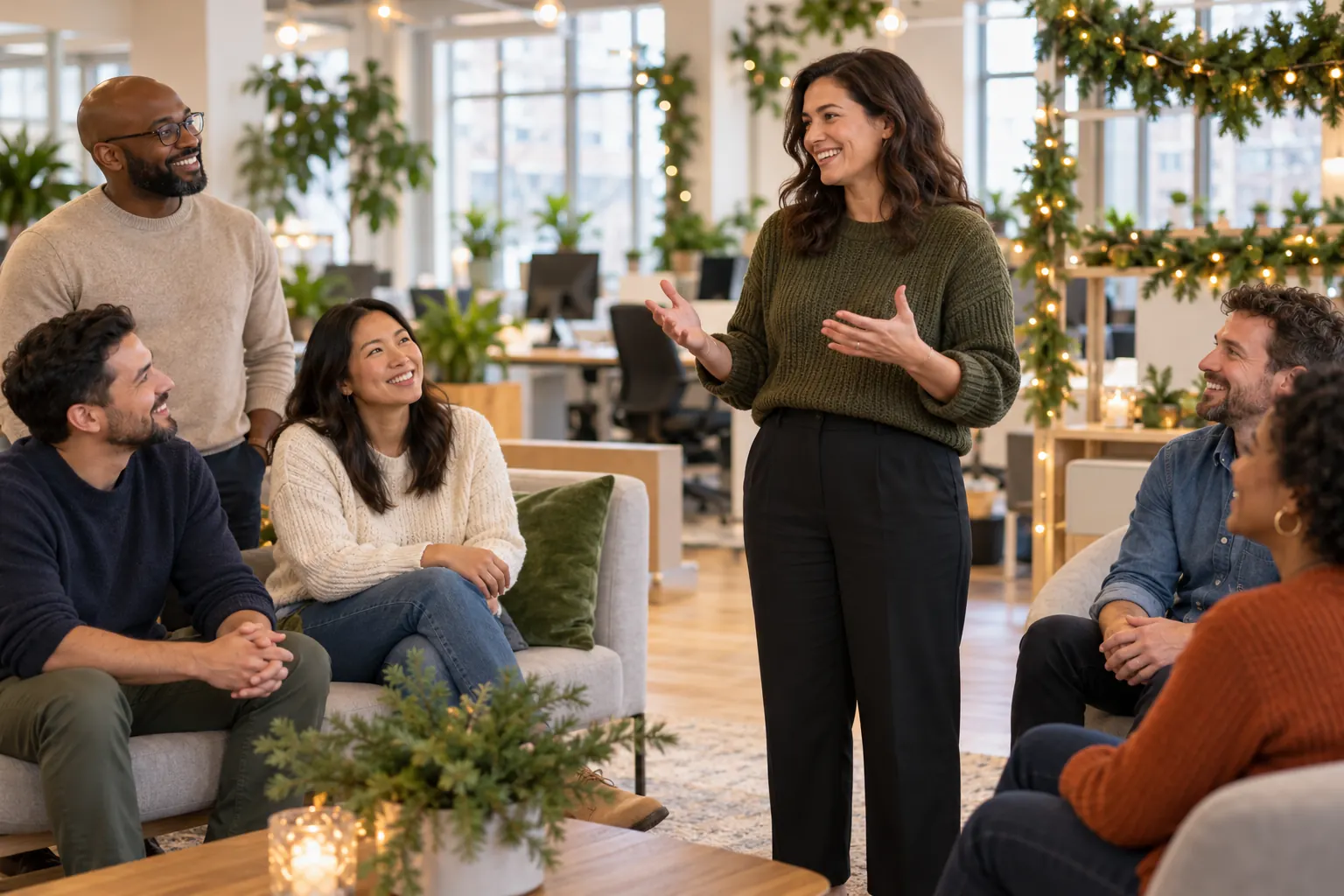 A manager gives a warm thank-you talk to a smiling team in an office with festive greenery.