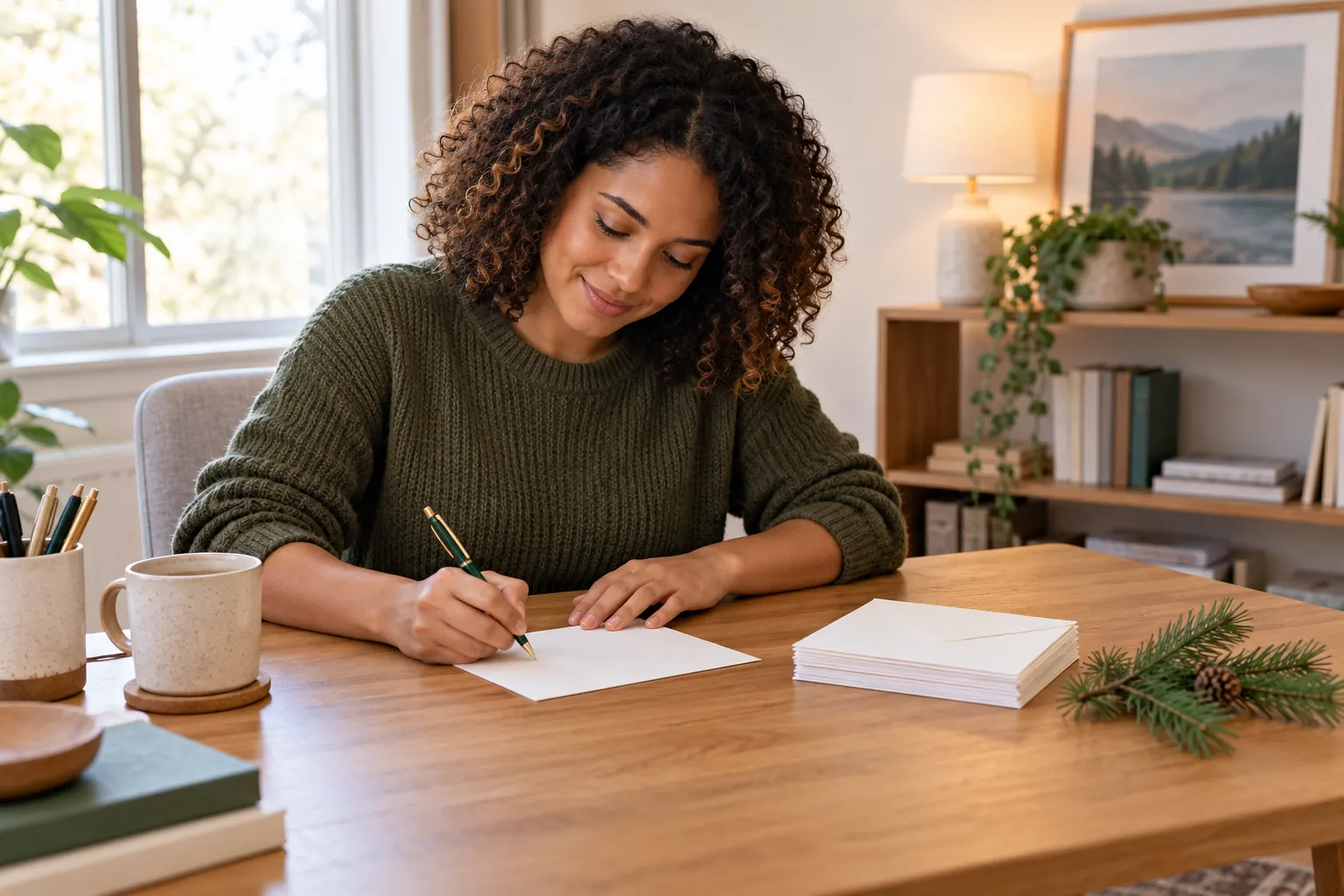 A person at a home desk writes a note card, with blank envelopes and a sprig of pine nearby.