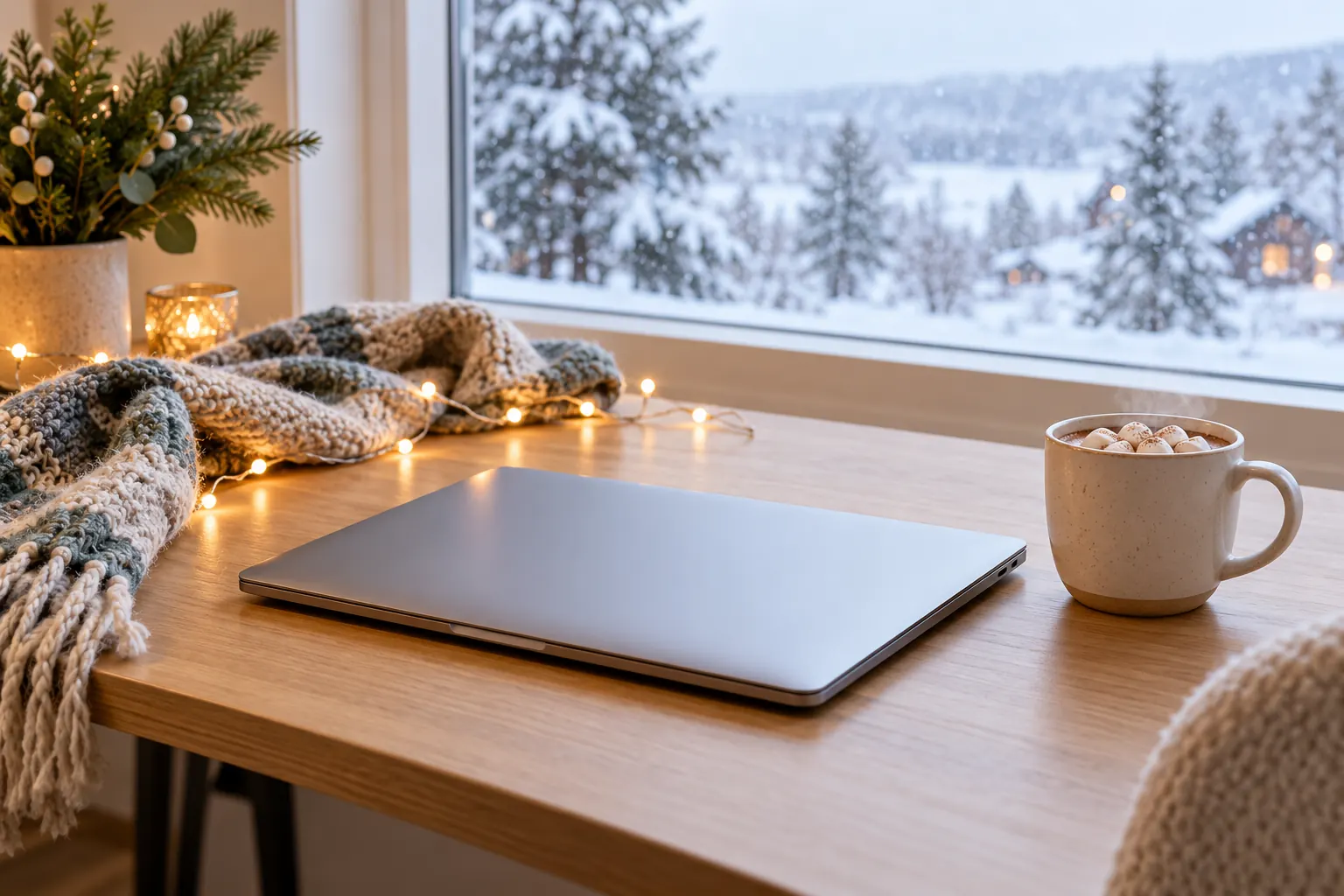 A closed laptop on a wooden desk with string lights, a knit scarf and hot cocoa by a snowy window.