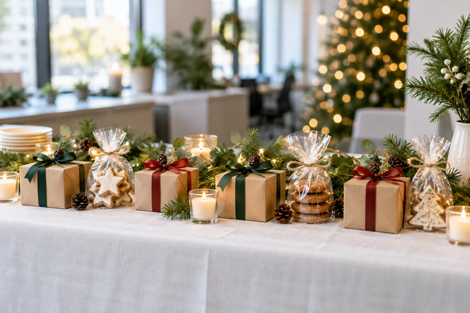 Holiday party favors on a long table: kraft gift boxes with ribbon, wrapped cookies, pine sprigs and candles.
