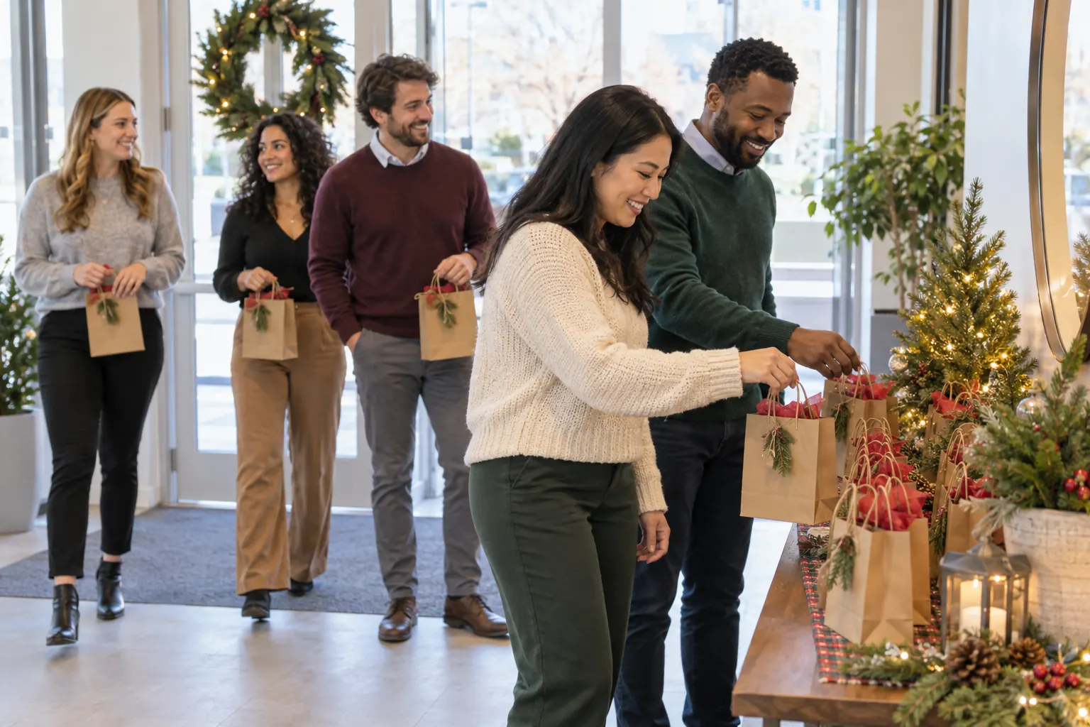 Guests at an office holiday party picking up small favor bags from a decorated table by the door.