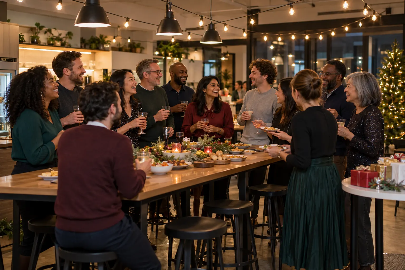 Coworkers talk and laugh around a long table of food under string lights at an office holiday party.