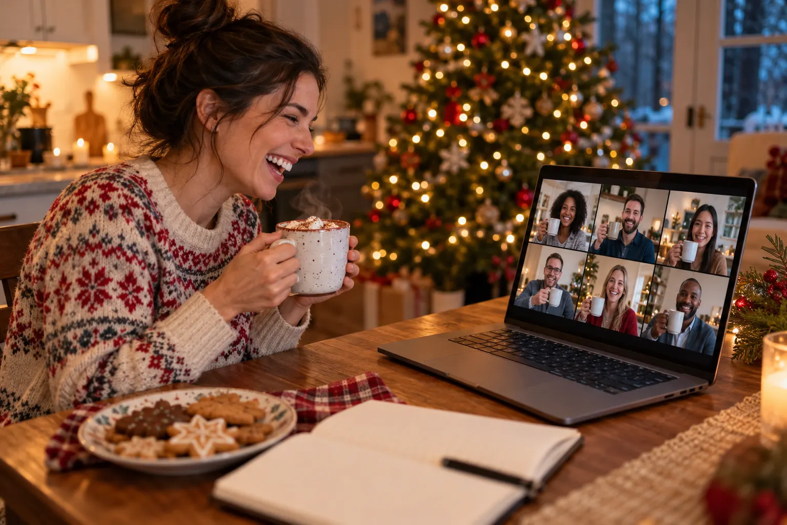 A remote employee in a sweater laughs at a video call of coworkers raising mugs, with cocoa and cookies on her table.