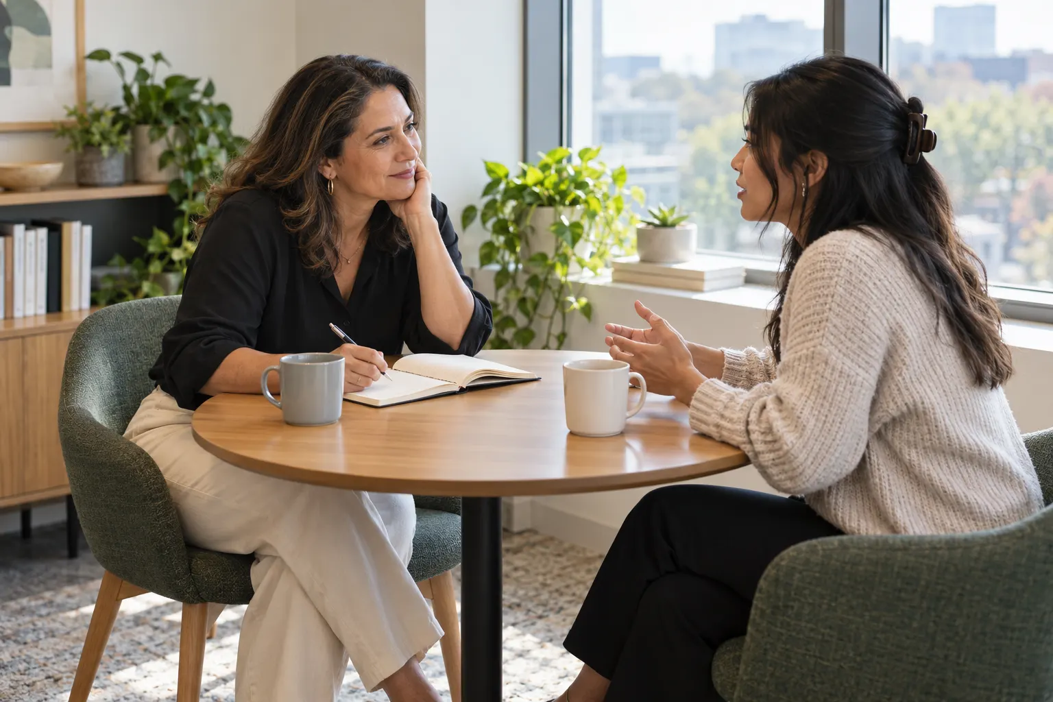 A manager listens during a relaxed one-on-one with a team member at a small office table