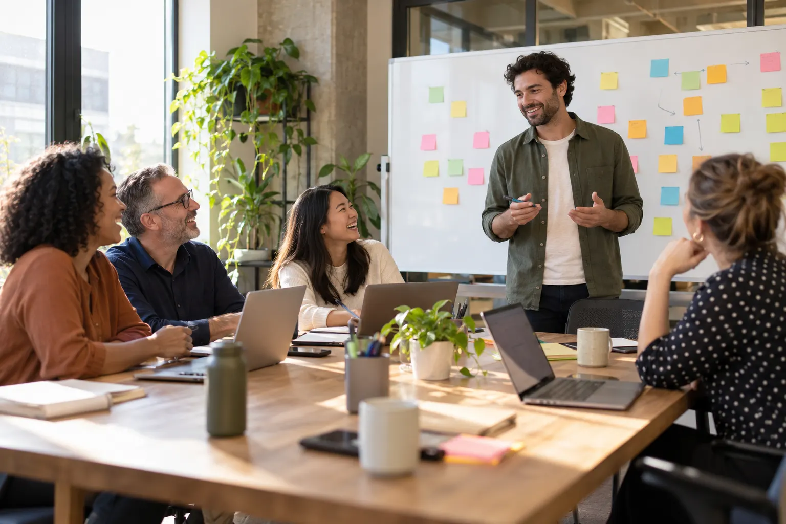 A team lead runs a weekly meeting with four coworkers around a table in front of a whiteboard covered in sticky notes
