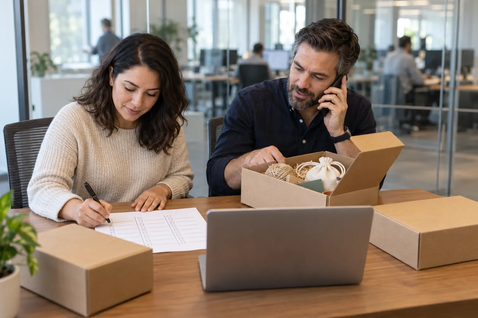 Two coworkers tick a printed checklist beside sample kit boxes while one asks a vendor questions by phone