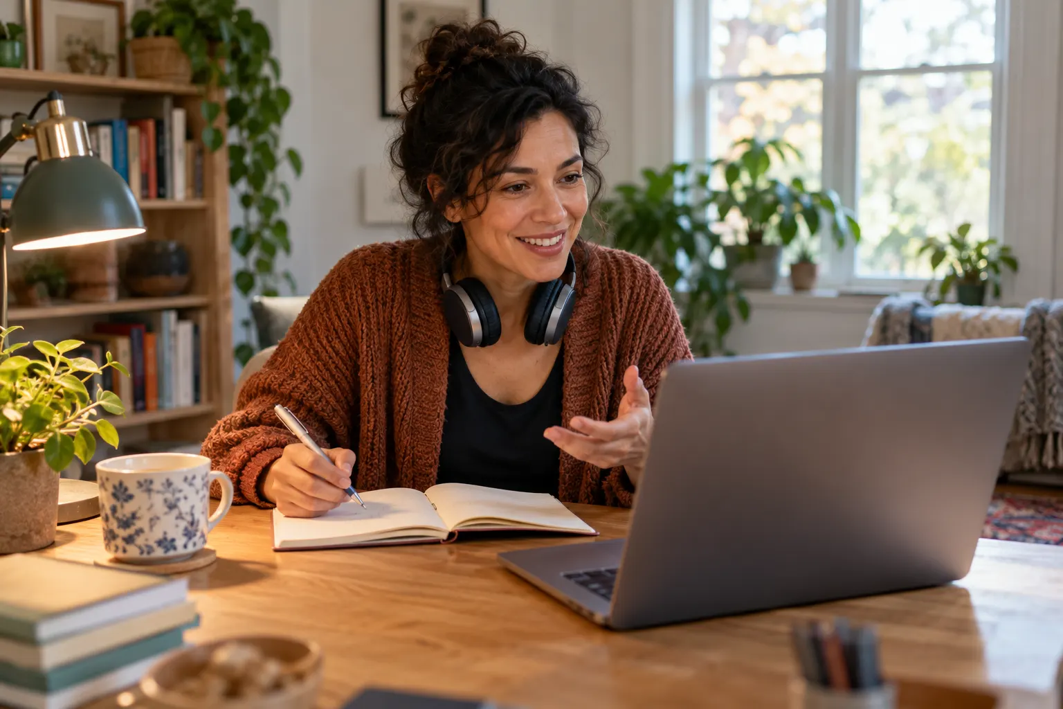 A woman at her home desk takes handwritten notes while asking questions on a video call